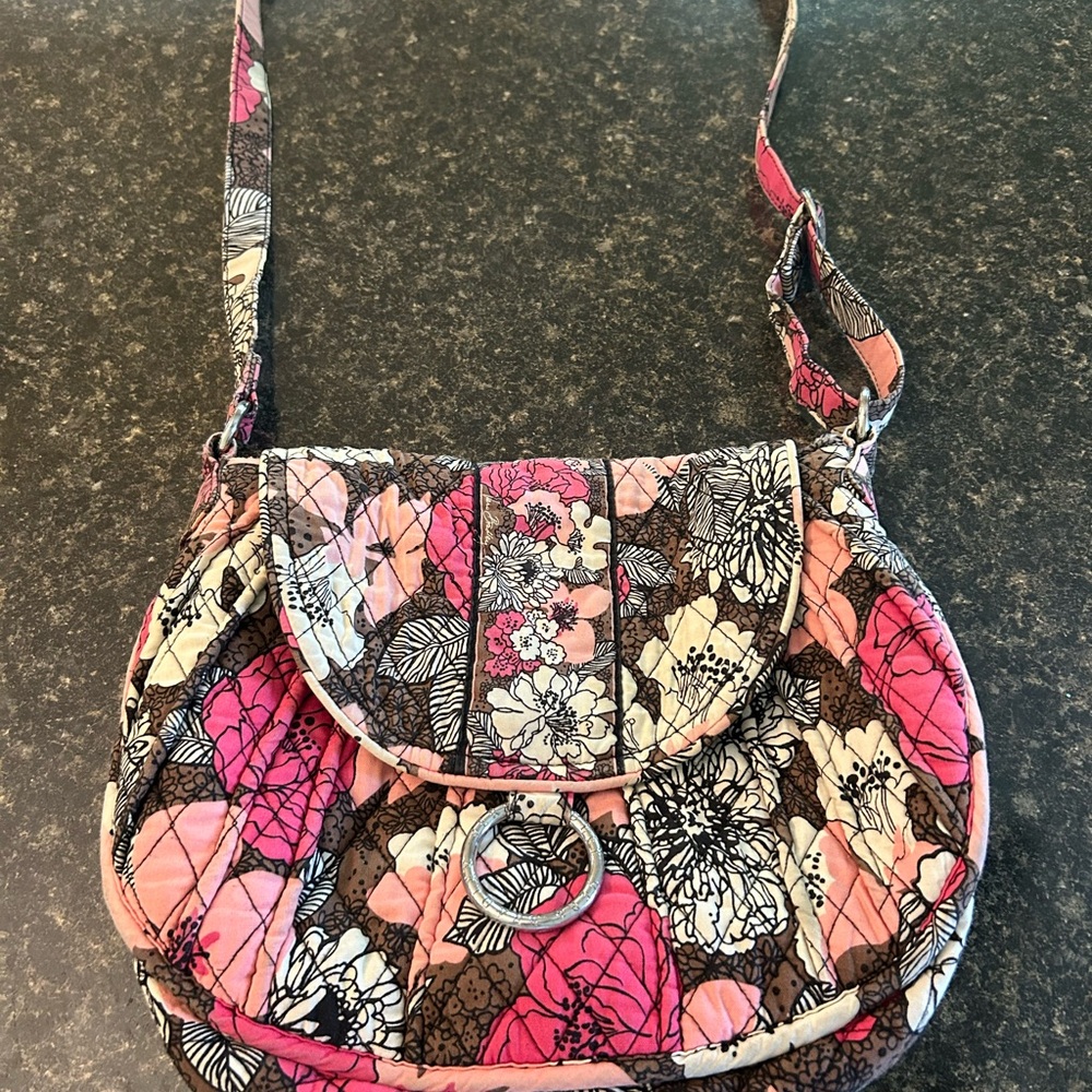 Vera Bradley Pink and Brown Crossbody Bag with Quilted Floral Design